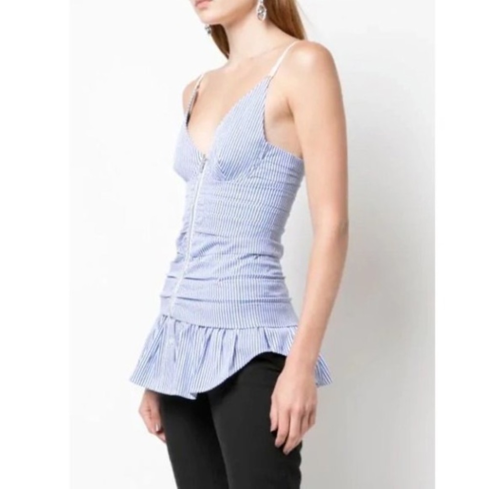 ALEXANDER WANG Blue & White Striped Ruched Zip Cami Top